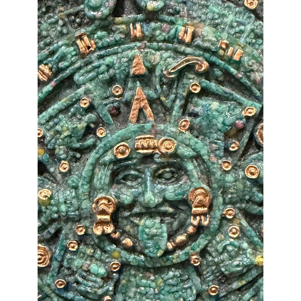 Aztec Sun‎ Stone Wall Plaque Large Green Gold  Calendar Wall